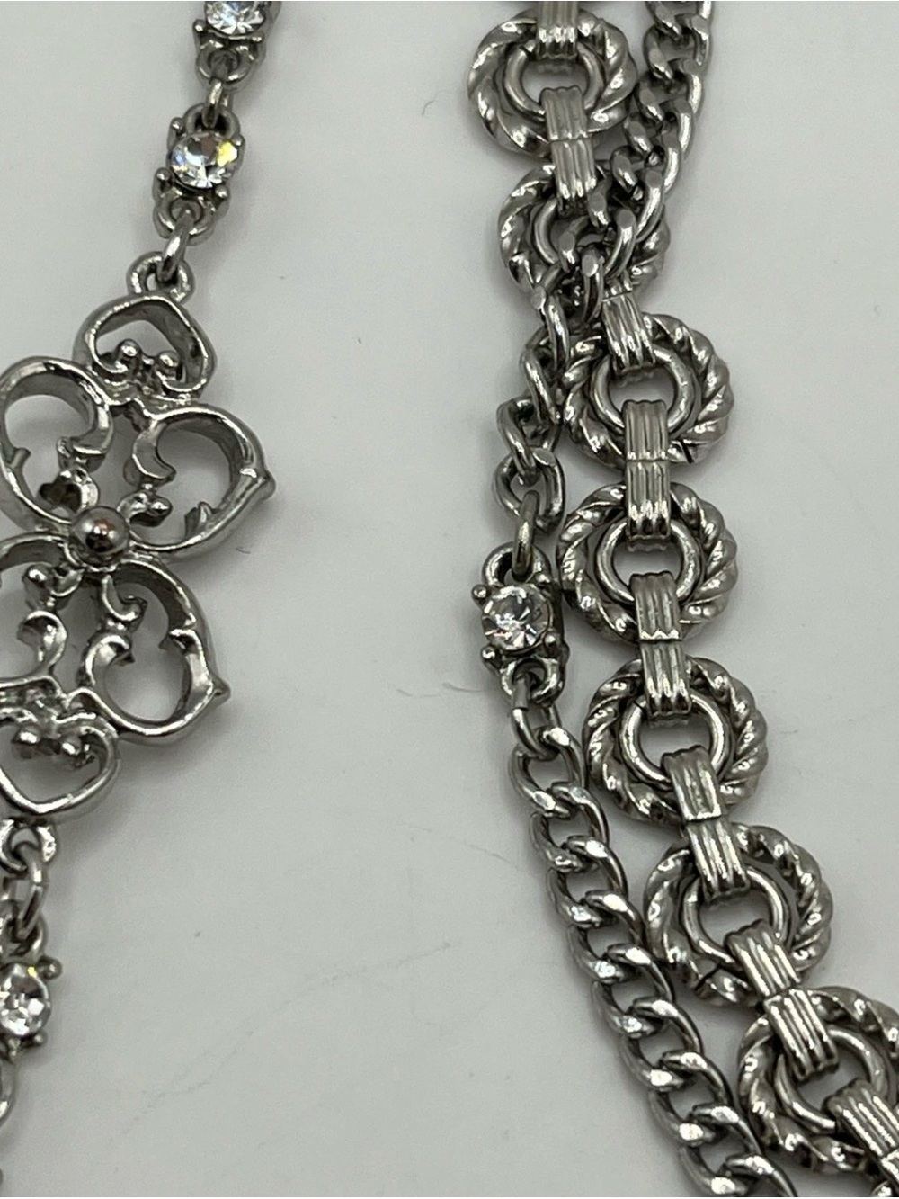 Express Y Drop Rhinestone Layered Statement Silver Tone 16”-20” - Picture 3 of 8